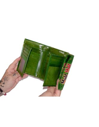 Peněženka s kočkou, ručně malovaná kůže, zelená, 14,5x11cm