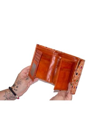 Peněženka ručně malovaná kůže, barevné tečky, oranžová, 14,5x11cm
