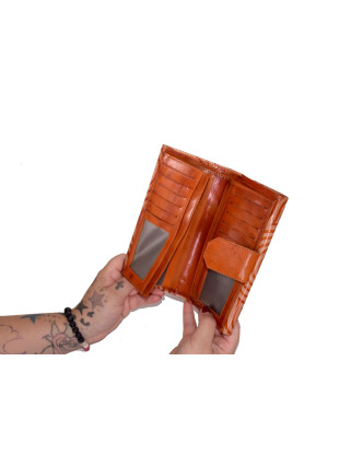 Peněženka, vlnité linky, malovaná kůže, oranžová, 9,5x19,5cm
