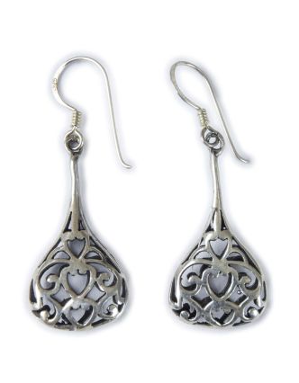 Stříbrné náušnice ve tvaru kapky, ornamenty, AG 925/1000, 4g, Nepál