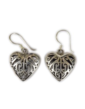 Stříbrné naušnice ve tvaru srdce s ornamenty, AG 925/1000, 7g, Nepál