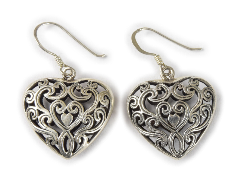 Stříbrné náušnice ve tvaru srdce s ornamenty, AG 925/1000, 8g, Nepál