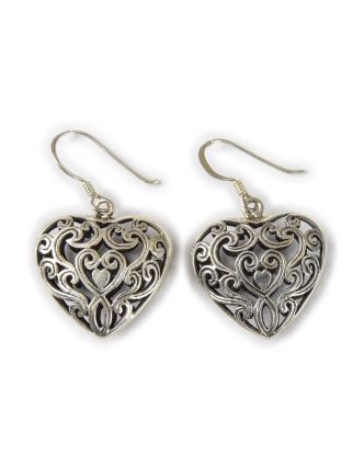 Stříbrné naušnice ve tvaru srdce s ornamenty, AG 925/1000, 8g, Nepál