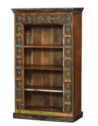 Knihovna z teakového dřeva zdobená reliéfy Buddhů, 90x40x150cm