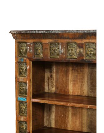 Knihovna z teakového dřeva zdobená reliéfy Buddhů, 90x40x150cm