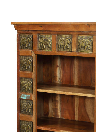 Knihovna z teakového dřeva zdobená reliéfy slonů, 90x40x150cm