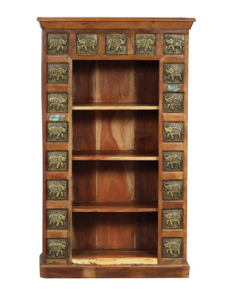 Knihovna z teakového dřeva zdobená reliéfy slonů, 90x40x150cm