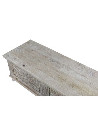 Dřevěná truhla z mangového dřeva, bílá patina, 117x43x42cm