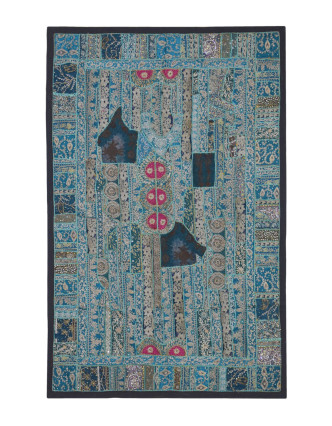 Unikátní tapiserie z Rajastanu, smaragdově zelená, ruční vyšívání, 157x104cm