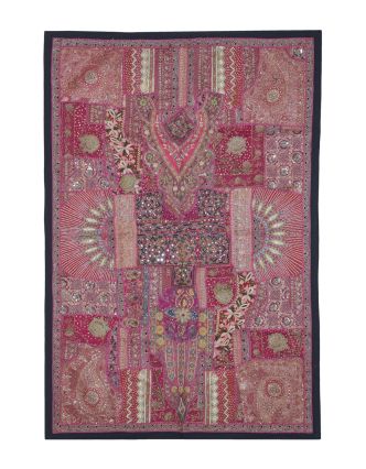 Unikátní tapiserie z Rajastanu, růžová, ruční vyšívání, 155x107cm