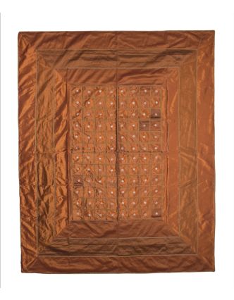 Přehoz na postel, hnědý s květy, brokátový, ruční práce, 262x216cm
