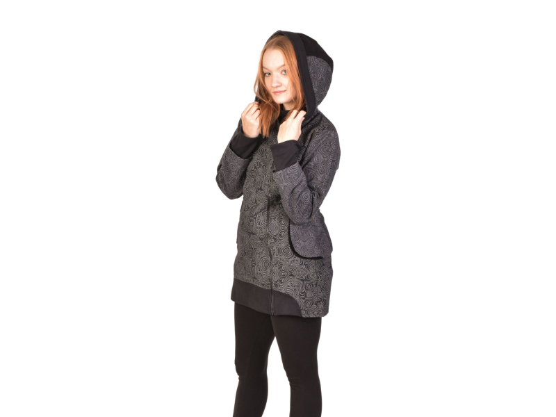 Kabátek s kapucí, černo-šedý, potisk, na zip, kapsy, fleece podšívka