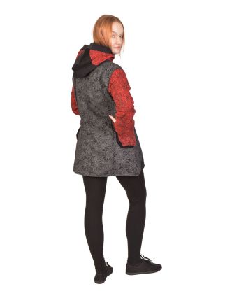 Kabátek s kapucí, černo-šedo-červený, potisk, na zip, kapsy, fleece podšívka