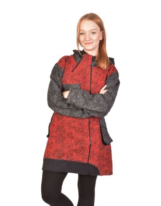 Kabátek s kapucí, černo-šedo-červený, potisk, na zip, kapsy, fleece podšívka