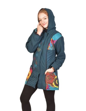 Kabátek s kapucí, tyrkysový, barevný potisk, na zip, kapsy, fleece podšívka