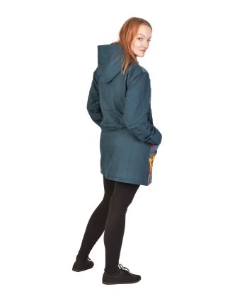 Kabátek s kapucí, tyrkysový, barevný potisk, na zip, kapsy, fleece podšívka