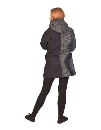Kabátek s kapucí, černo-šedý, potisk, na zip, kapsy, fleece podšívka