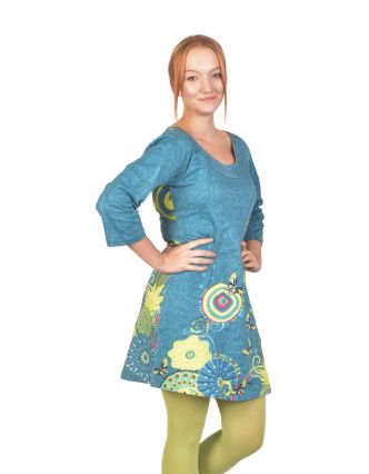 Krátké šaty s 3/4 rukávem a kulatým výstřihem, barevný potisk, modré