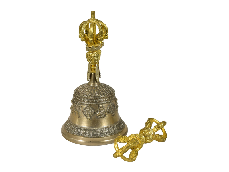 Tibetský zvon a dorje, mosazná barva, ornament, 18cm