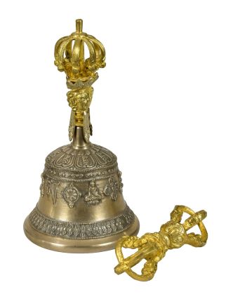 Tibetský zvon a dorje, mosazná barva, ornament, 18cm