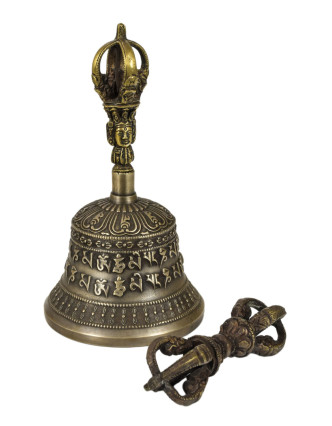 Tibetský zvon a dorje, mosazná barva, ornament, 16cm