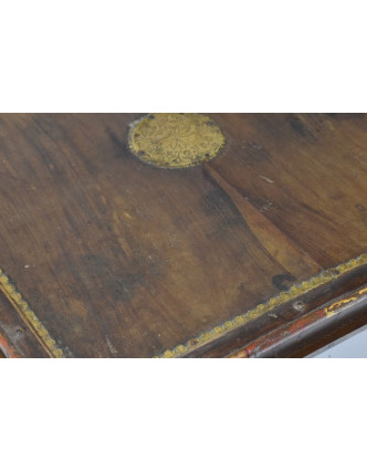 Stolek z antik teakového dřeva, mosazné kování, 59x59x16cm
