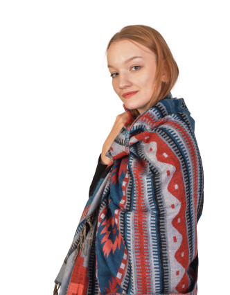 Velký zimní šál s geometrickým vzorem, modro-červeno-šedý, 200x100cm