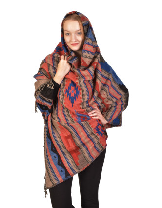 Velký zimní šál s geometrickým vzorem, tmavě modro-červeno-béžový, 200x100cm