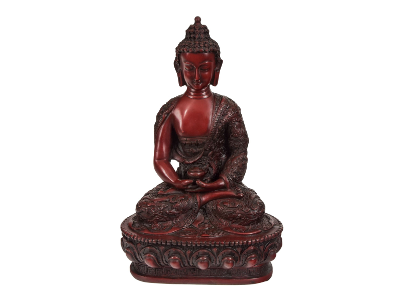 Buddha Amitába, ručně vyřezávaný, tmavě čevený, 18x12x28cm
