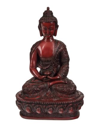 Buddha Amitába, ručně vyřezávaný, tmavě čevený, 18x12x28cm