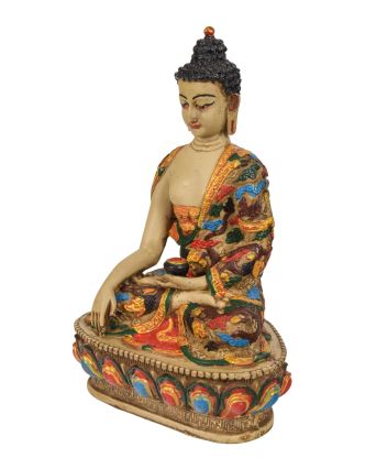 Buddha Šákjamuni, ručně vyřezávaný, barvený, 18x12x27cm