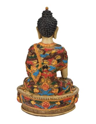 Buddha Šákjamuni, ručně vyřezávaný, barvený, 18x12x27cm