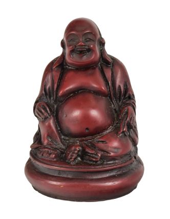 Buddha, smějící, tmavě červený, pryskyřice, 6x6x9cm