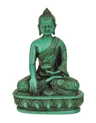Buddha Šákjamuni, ručně vyřezávaný, tyrkysový, 10x5x14cm