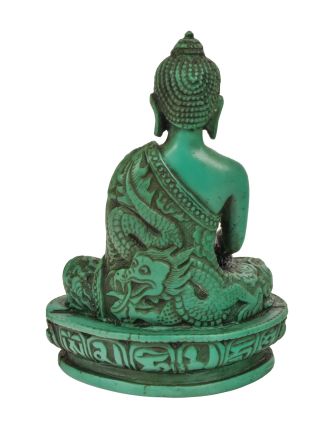 Buddha Šákjamuni, ručně vyřezávaný, tyrkysový, 10x5x14cm