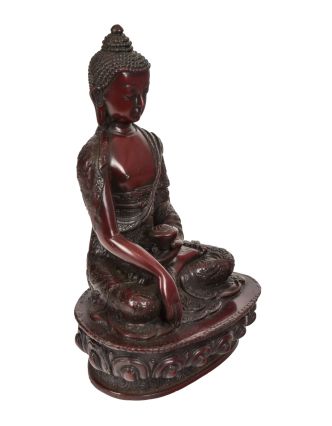 Buddha Šákjamuni, ručně vyřezávaný, tmavě červený, 13x9x20cm