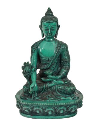 Uzdravující Buddha, ručně vyřezávaný, tyrkysový, 13x9x20cm