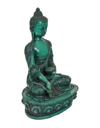 Uzdravující Buddha, ručně vyřezávaný, tyrkysový, 13x9x20cm
