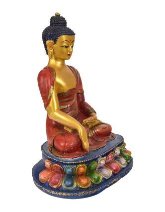 Buddha Šakjamuni, řučně vyřezávaný, barvený, 24x18x33cm