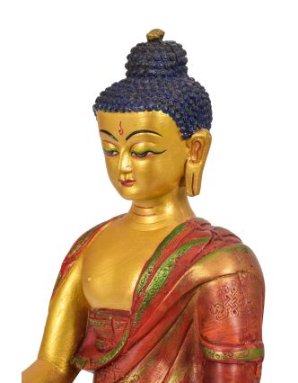 Buddha Šakjamuni, řučně vyřezávaný, barvený, 24x18x33cm