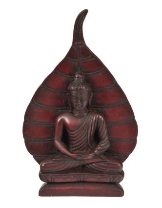 Meditující Buddha s listem stromu Bódhi, tmavě červený, pryskyřice