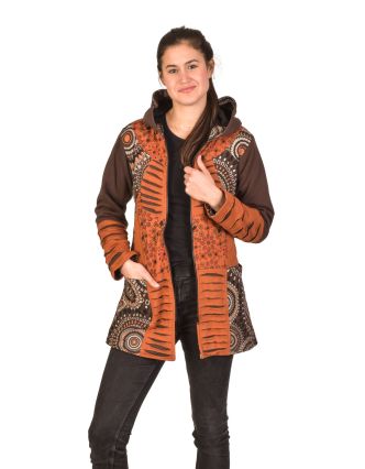 Kabátek s kapucí hnědo-oranžový, potisk a prostřihy, na zip, kapsy, podšívka