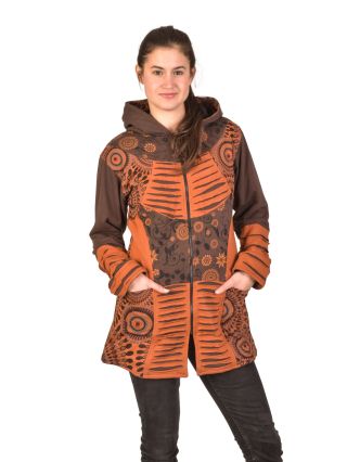 Kabátek s kapucí hnědo-oranžový, potisk a prostřihy, na zip, kapsy, podšívka