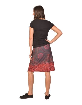 Krátká sukně, šedo-vínová s potiskem Mandal, elastický pas, šňůrka