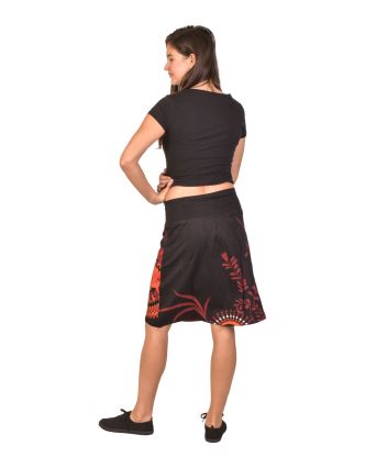 Krátká sukně, černá s barevným Flower potiskem, elastický pas, šňůrka