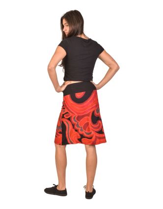 Krátká sukně, červená s šedým potiskem, elastický pas, šňůrka