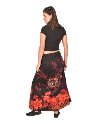 Dlouhá sukně, černá s barevným Flower potiskem, elastický pas, šňůrka