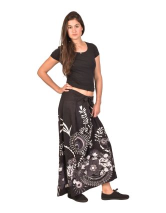 Dlouhá sukně, černo-bílá s Flower potiskem, elastický pas, šňůrka