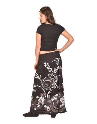 Dlouhá sukně, černo-bílá s Flower potiskem, elastický pas, šňůrka