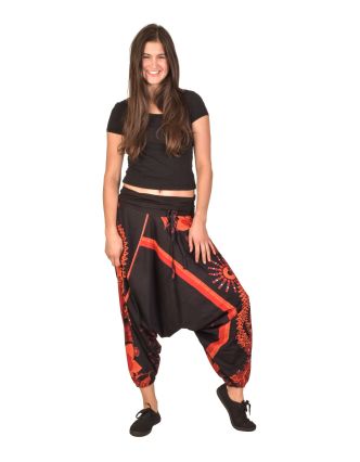 Turecké kalhoty, černé s barevným Flower potiskem, v pase úplet